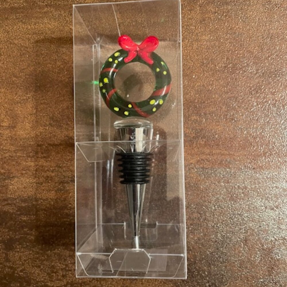 NIB Zinc Alloy Glass Christmas Wreath Wine Stopper - NWT